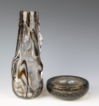 A Whitefriars brown streaky "knobbly" vase by wilson/Dyer (9612) 25cm together with a ditto brown bubble glass bowl 13cm 