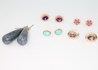 Two pairs of 9ct yellow gold amethyst earrings and 3 other pairs of earrings 