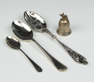 A novelty silver box in the form of a mouse sitting on a bell Birmingham 1997 and 3 spoons 100 grams