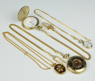 A gold plated hunter pocket watch and Albert, 1 other and 2 pendant watches