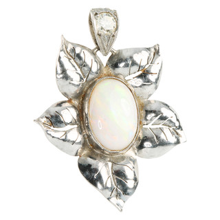 A stylish 18ct white gold floral pendant set with a cabochon cut opal, 15mm x 12mm and a brilliant cut diamond, approx 0.5ct, 44mmx38mm