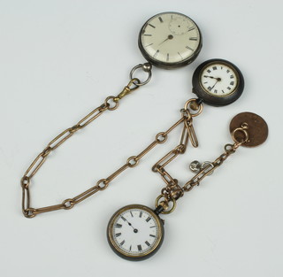 An Edwardian gun metal fob watch, 1 other silver cased keywind pocket watch and a gilt Albert