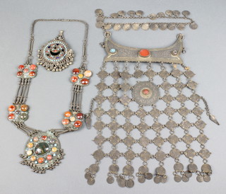 A Persian and coin hardstone necklace, a do. and an enamelled pendant 