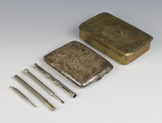 A Princess Mary Christmas 1914 brass gift tin together with a plated cigarette case, 3 propelling pencils and an ink pen
