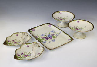 An art Nouveau Bavarian 5 piece dressing table set comprising twin handled tray, a pair of shaped dishes and a pair of bowls decorated flowers and signed Vunt