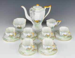 An art deco  15 piece Shelley porcelain coffee service decorated a thatched cottage and gardens comprising sugar bowl (f and r), cream jug, 6 cups and 6 saucers, base marked Shelley RD 723404 11621E 