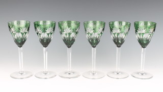 A set of 6 green overlay long stemmed hock glasses