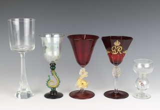A red Venetian glass goblet to commemorate George VI Coronation, 2 Venetian glass goblets and 2 other wine glasses