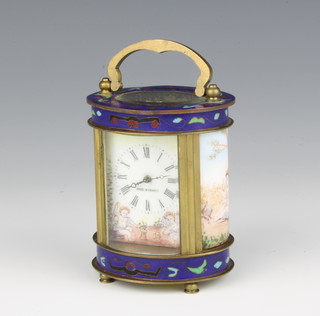 A reproduction 19th Century style carriage timepiece with oval champleve enamelled case, the dial marked Made in France  8cm x 7cm w x 6cm d 