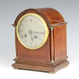 A French Edwardian 8 day striking bracket clock with silvered dial and Roman numerals contained in arched mahogany case 20cm h x 16cm w x 12cm d 