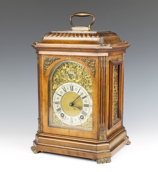 Lenzkirch, a 19th Century German striking bracket clock with 12cm arched gilt dial, silvered chapter ring and Roman numerals, retailed by H Pidduck & Sons of Southampton and contained in a walnut gilt mounted case, the back plate marked Lenzkirch & AGU 49, 31cm h x 23cm w x 20cm d 