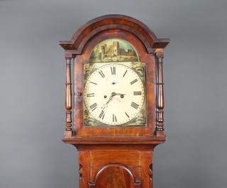 A 19th Century 8 day longcase clock, the 30cm arch painted dial decorated a castle, the spandrels painted an arched bridge, Roman numerals, subsidiary second hand and calendar aperture, contained in a mahogany case 125cm h, complete with pendulum weights 