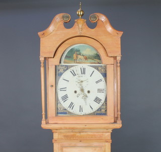 An 18th Century 8 day striking longcase clock, the 32cm arched dial painted a farmer watering cattle with floral spandrels, Roman numerals, subsidiary second hand, calendar aperture and with gilt painted hands, contained in a pine case 120cm complete with weights and pendulum 