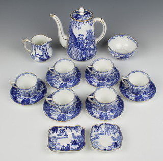 A 17 piece Royal Crown Derby blue and white Willow pattern coffee service comprising coffee pot, cream jug, 6 coffee cans and 6 saucers, (1 saucer and 2 cans cracked) and 2 shaped dishes 