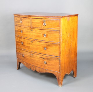 A 19th Century mahogany bow front chest of 2 short and 3 long drawers with brass ring drop handles, raised on splayed bracket feet 106cm h x 170cm w x 52.5cm d 