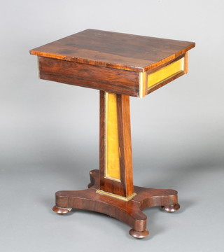 A William IV rectangular rosewood occasional table fitted a drawer, raised on a chamfered column with triform base and bun feet 72cm h x 50cm w x 38cm d 
