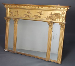 A 19th Century triple bevelled plate over mantel mirror contained in a gilt frame, decorated classical scenes with Corinthian capitals  110cm x 151cm x 13cm 