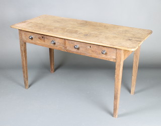 Of Horsham interest, a 19th Century rectangular elm table fitted 2 drawers with tore handles and penny in the slot top, raised on square tapering supports 68cm h x 121 cm l x 21cm w  (This table was used on high days and holidays in the Carfax Horsham for the sale of Horsham gingerbread made by E Segrave Bakers etc of Springfield Road/Bishopric, the coin in payment was popped into the slot in the top).  