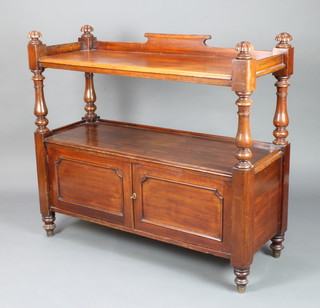 A Victorian mahogany buffet with raised back, on turned supports, the base fitted a drawer 107cm h x 120cm w x 47cm d 
