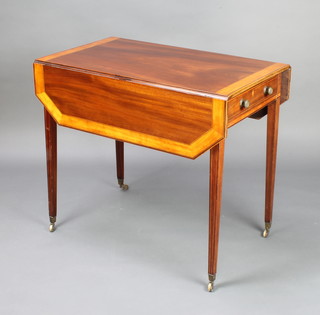 A Georgian mahogany Pembroke table with crossbanded top raised on square tapered supports inlaid satinwood stringing and fitted a drawer 70cm h x 82cm w x 49cm when closed x 95cm when open 