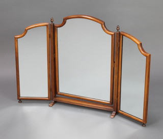 A Queen Anne style triple plate dressing table mirror contained in walnut frame with acorn finials 60cm h x 14cm w 