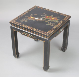 A Japanese style square black lacquered finished lamp table decorated birds amidst branches 51cm h x 51cm w x 51cm d 