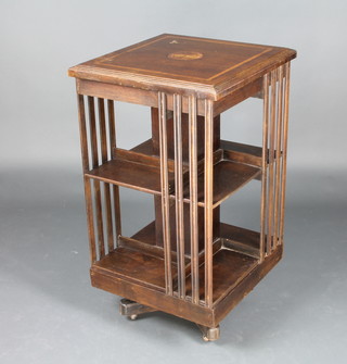An Edwardian inlaid mahogany square 2 tier revolving bookcase 85cm x 48cm x 48cm 