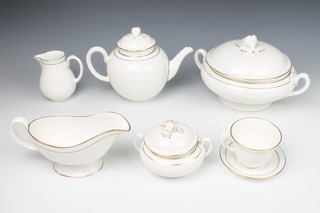 A Royal Worcester Contessa pattern tea, coffee and dinner service comprising 8 coffee cups, 8 saucers, 8 tea cups, 8 saucers, teapot, milk jug, sugar bowl with lid, 8 soup bowls and saucers, 8 small plates, 8 medium plates, 8 dinner plates, a sauce boat and stand, 2 meat plates, a bowl, 2 serving dishes and a tureen and lid 
