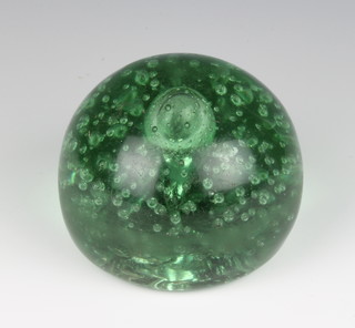 A Victorian green glass dump with bubble decoration 11cm 