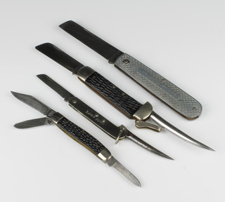 Three rope knives including a Joseph Rogers GPO knife dated 1967, a Guide and American knife stamped Schrade Walden and an American 3 blade pocket knife stamped Kutmaster 