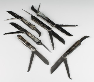 Six French multi-bladed knives all stamped Dartebeile Fesanoon, each knife with horn grip and different combination of blades or size (these knives came from the factory which closed in 1926 and are in new and unused condition ) 