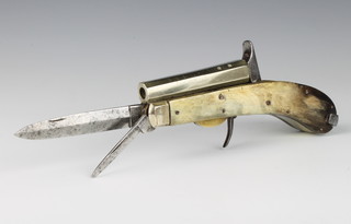 A mid 19th Century percussion knife pistol with 9cm octagonal brass barrel, the horn grip fitted with ball compartment, mould and tweezers with 2 blades stamped James Rodgers Sheffield together with a 1998 edition of Knife World featuring an article on Unwin & Rodgers 