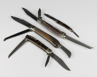 19th/20th Century Swiss multi-bladed knives with master and small blades, saws and corkscrews, the tortoiseshell handle stamped Schappi Sohne Horgen, stag horn handle stamped  Felixiuthi Neuchatel and horn handle stamped Victoria, together with a small twin bladed folding knife with tortoiseshell grip stamped Kienast Zurich 