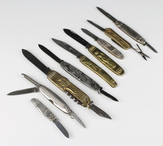 Five various Art Nouveau and Art Deco period pen knives including a French 1930's brass embossed multi blade knife fitted a tin opener, leather punch, corkscrew, bottle opener/screwdriver, 2 other French Art Deco style knives and a late 20th Century Italian reproduction   (9)