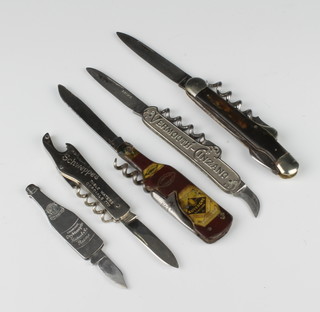 Five various advertising/bartender champagne knives - Schweppes and Dry Monopole knives signed John Watts Sheffield, Cinzano knife stamped A.Feist & Co, a horn handled champagne knife marked J A Henckels and a French bartender knife with celluloid coated handle 