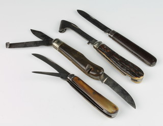 19th/20th Century knives, a timber scribe with stag horn handle the blade marked IXL George Wostenholm, a Rogers farrier's knife with polished horn grip, two blades, hoof scorer and fleam, 2 other Joseph Rogers folding knives 