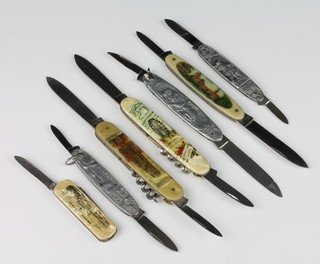 Three Swiss twin bladed souvenir knives, 1 knife stamped Omega Solingen featuring  Geneva and Chateau Chillon and 4 other German/Austrian souvenir  knives