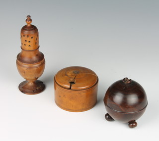 An 18th/19th Century turned wooden baluster shaped sugar caster raised on a spreading foot 14cm (foot damaged), a cylindrical 19th Century string  box 5cm x 7cm and 1 other string box on bun feet 7cm x 7cm x 6cm 