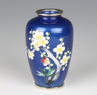 A "silver" blue ground cloisonne enamelled vase with floral decoration 12cm h x 5cm w

