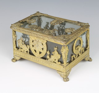 An Edwardian pierced gilt metal and glass Empire style trinket box with panels decorated classical ladies, raised on cabriole supports 9cm x 13.5cm x 10cm 
