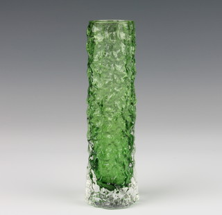 A Whitefriars green glass dappled cylindrical vase 14cm 