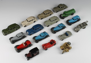 Sixteen various Dinky model cars including a Chrysler, a Studebaker, 2 Buicks, a Paccard, a Frazer-Nash, petrol tanker, taxi, 8 other vehicles and a Britains German military motorcycle and sidecar 