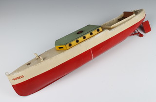 A Sutcliffe tinplate clockwork model cabin cruiser 10cm x 52cm x 9.5cm 