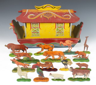 An Eastern European hand painted Noah's Ark comprising Ark, Noah and his wife, Lamech's, 2 rhinos, 2 goats, 2 elephants, 2 blackbirds, 2 mountain goats, 2 wolves, 2 swans, 3 horses, 3 hounds, stag, lion, peacock, camel, tortoise, basset hound, snake, 2 kiwi, tiger, small brown bear, leopard, flamingo, pig, fox, penguin, magpie, giraffe (legs f), parrot?, large monkey, ostrich, llama, small boar, large boar, monkey?, white bear, the interior of the lid of ark is marked HGW
