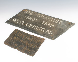 Of Horsham interest, a 19th Century shaped painted sign marked Robt. Goacher Sands Farm West Grinstead 22cm x 44cm (some holes and a split) together with a pressed metal sign marked J Eggleton Surrey? (corroded and with holes) 16cm x 26cm 