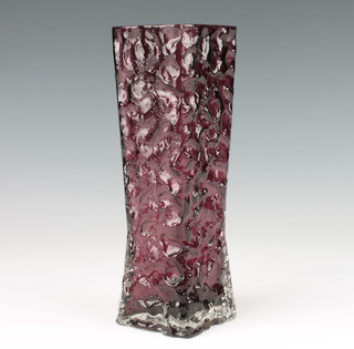 A Whitefriars style purple glazed tapered square vase 20cm 