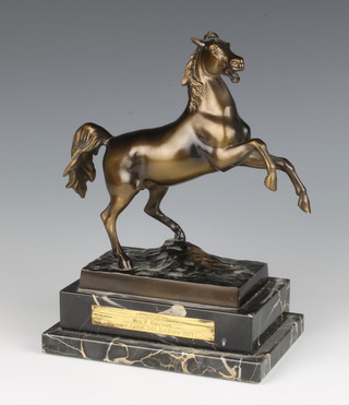 A bronzed figure of a rearing horse raised on a stepped marble base with presentation plaque marked Presented to Mrs P Harrison Saxony Lodge 842 Germany 1971 24cm x 16cm x 11cm