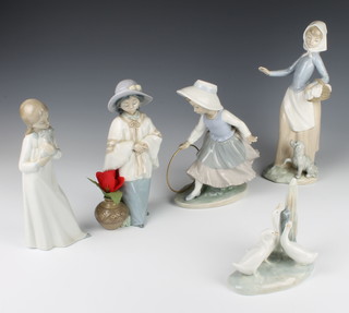 Five Nao figures - lady with basket and puppy 26cm, girl with puppy, girl beside a vase 20cm, girl playing with a hoop 19cm and a group of geese 11cm 