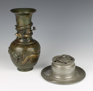 A Japanese club shaped bronze vase decorated dragons the base with seal mark 24cm h x 10cm diam. together with a circular capstan pewter inkwell 7cm x 7cm diam. (glass liner missing) 