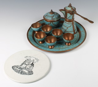 A circular Victorian pottery scale pan decorated a figure of justice 20cm together with a 9 piece verdigris copper Turkish coffee service comprising tray, coffee pot, sugar bowl, 6 goblets 
